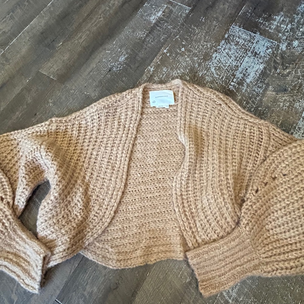 Anthropologie Rae Cropped Cardigan Brown Camel Chunky Knit Balloon Sleeve Size M